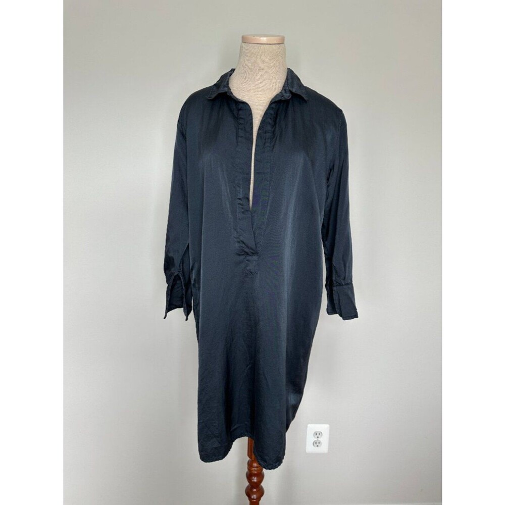 CP Shades Women's Dark Gray Split Neck Long Sleeve Tunic Silk Blend Shirt Dress
